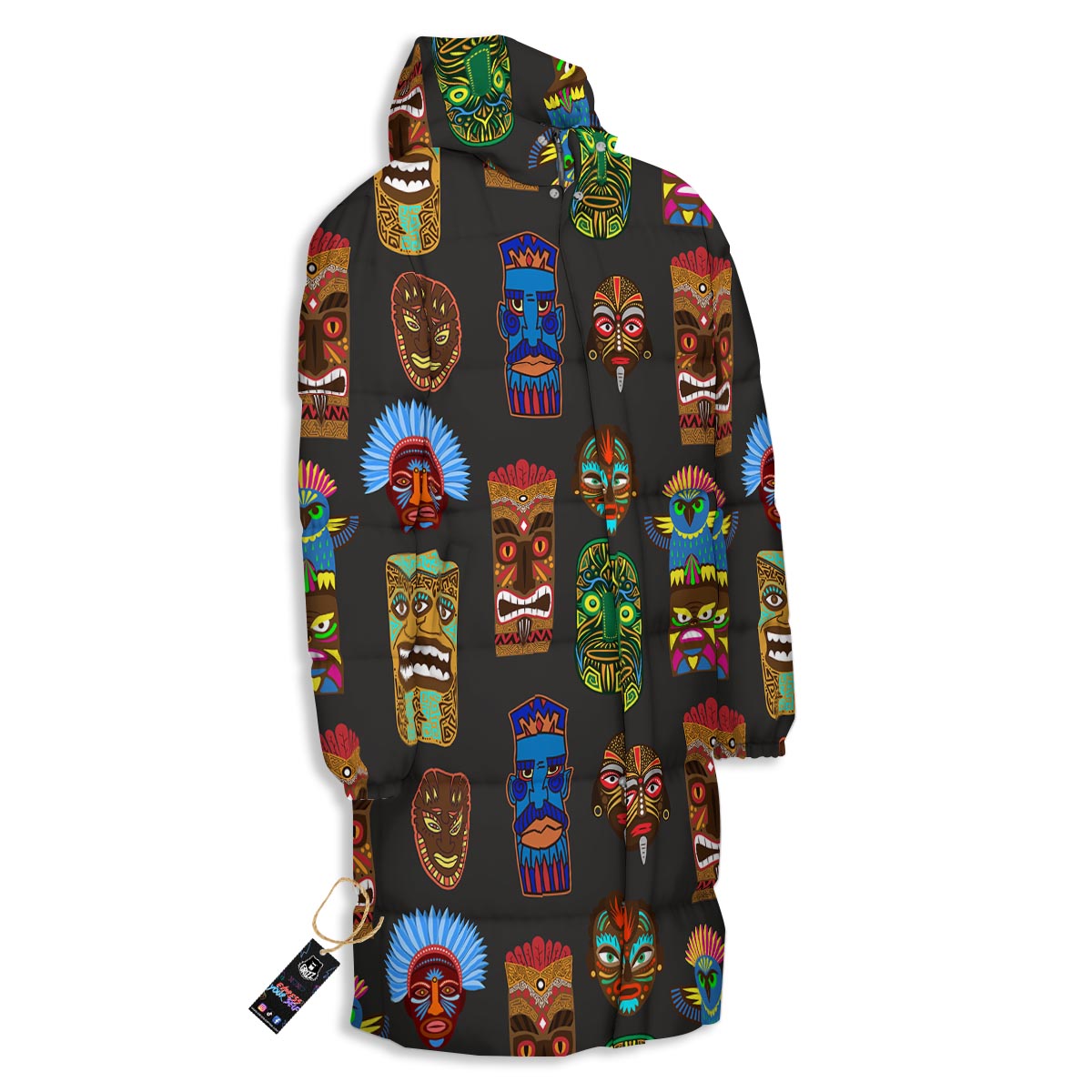 Totem Tiki Print Pattern Long Down Jacket-grizzshop
