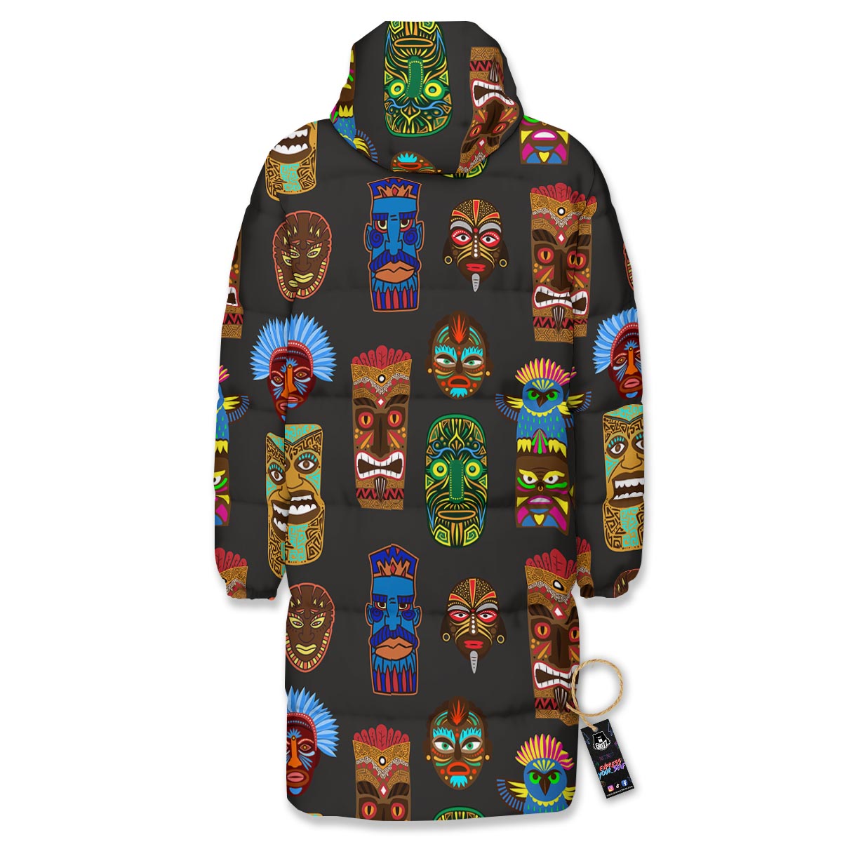 Totem Tiki Print Pattern Long Down Jacket-grizzshop