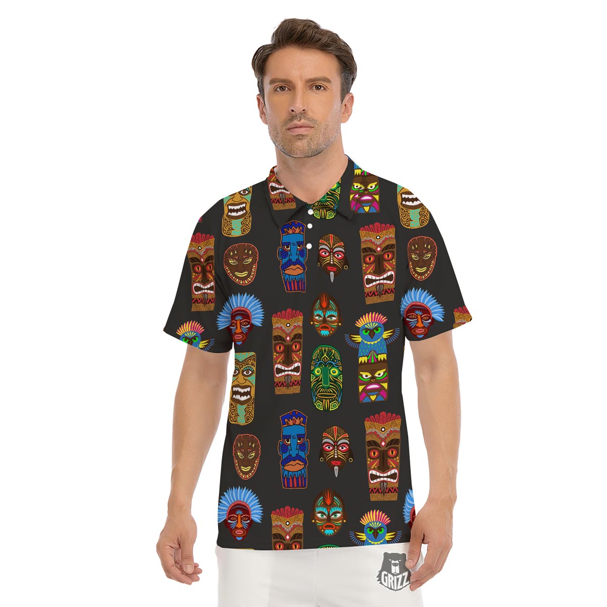 Totem Tiki Print Pattern Men's Golf Shirts-grizzshop