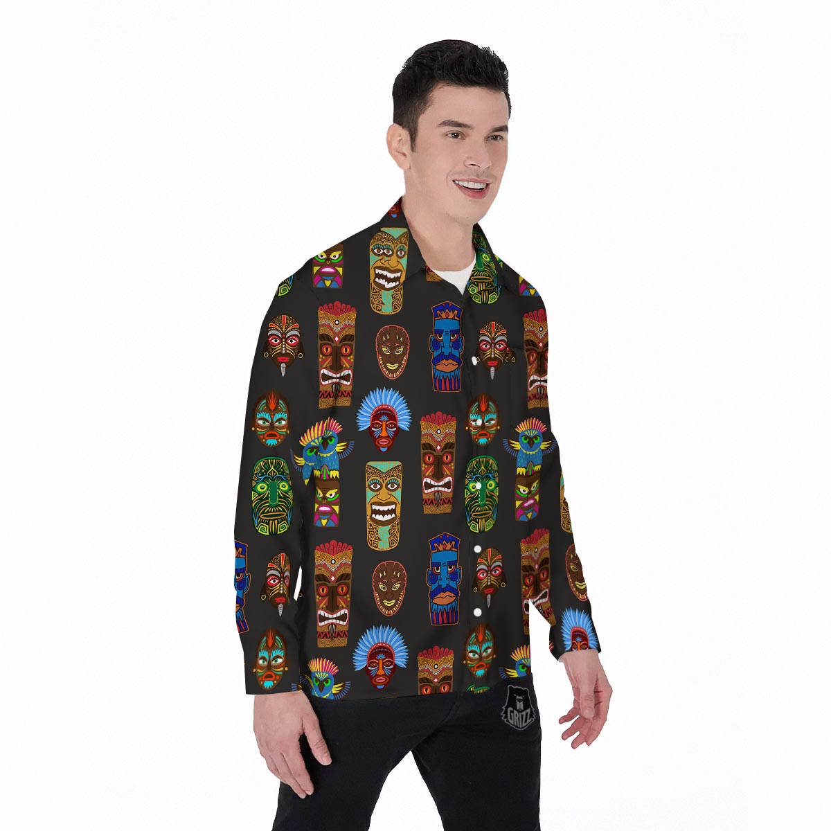 Totem Tiki Print Pattern Men's Long Sleeve Shirts-grizzshop