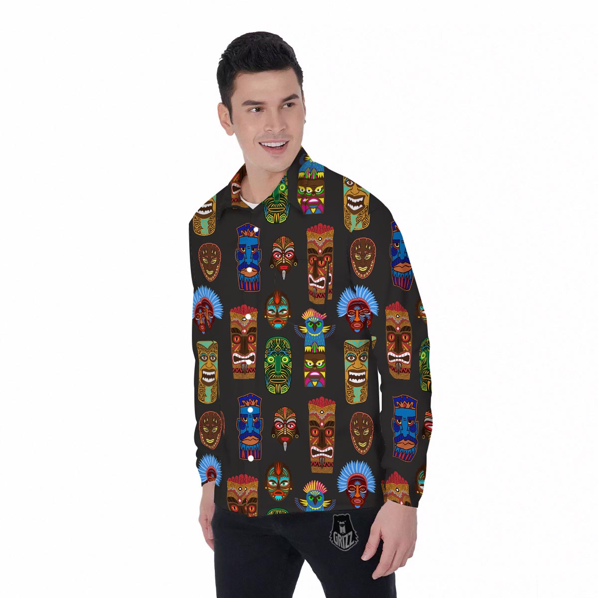 Totem Tiki Print Pattern Men's Long Sleeve Shirts-grizzshop