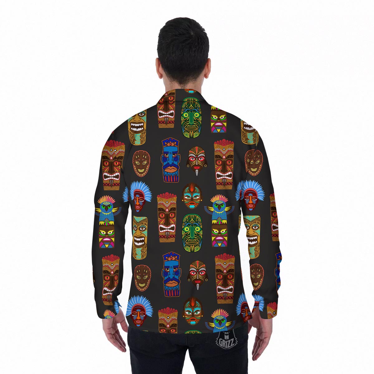 Totem Tiki Print Pattern Men's Long Sleeve Shirts-grizzshop