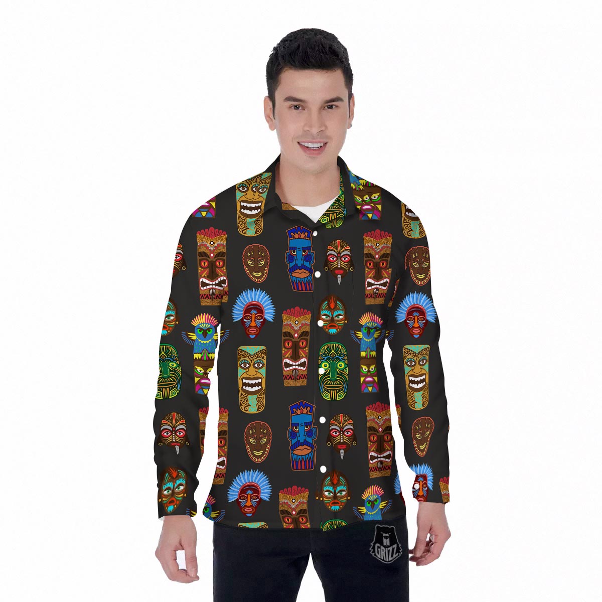 Totem Tiki Print Pattern Men's Long Sleeve Shirts-grizzshop