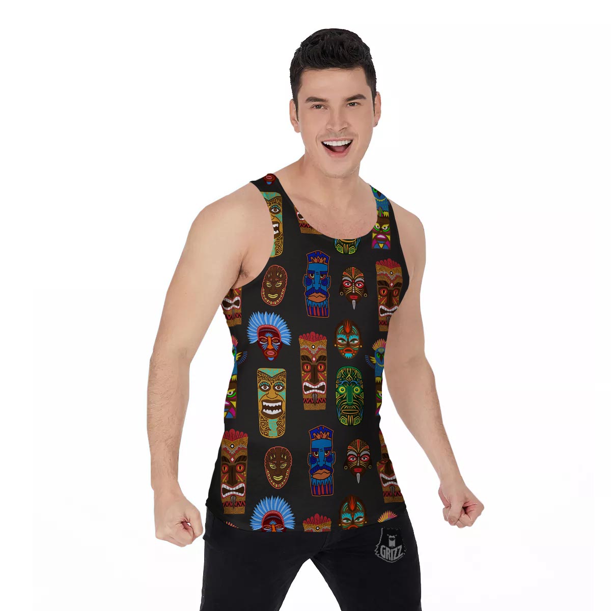 Totem Tiki Print Pattern Men's Tank Top-grizzshop