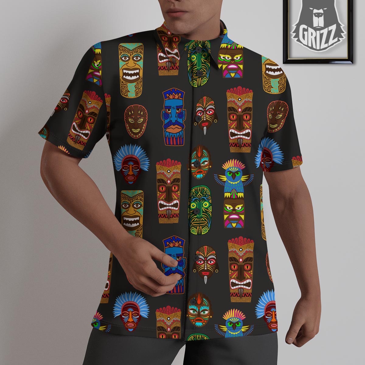 Totem Tiki Print Pattern Untucked Shirts-grizzshop