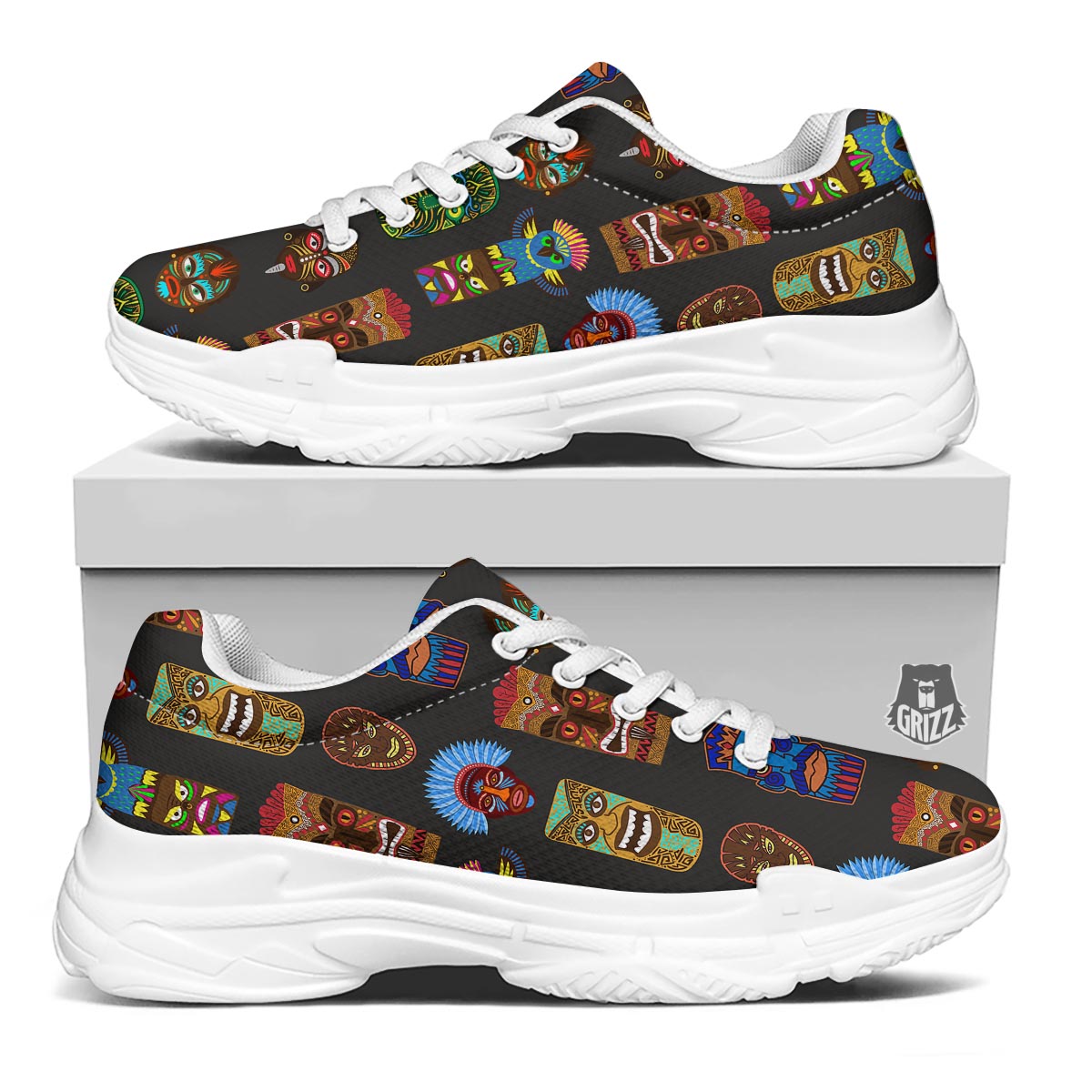Totem Tiki Print Pattern White Chunky Shoes-grizzshop