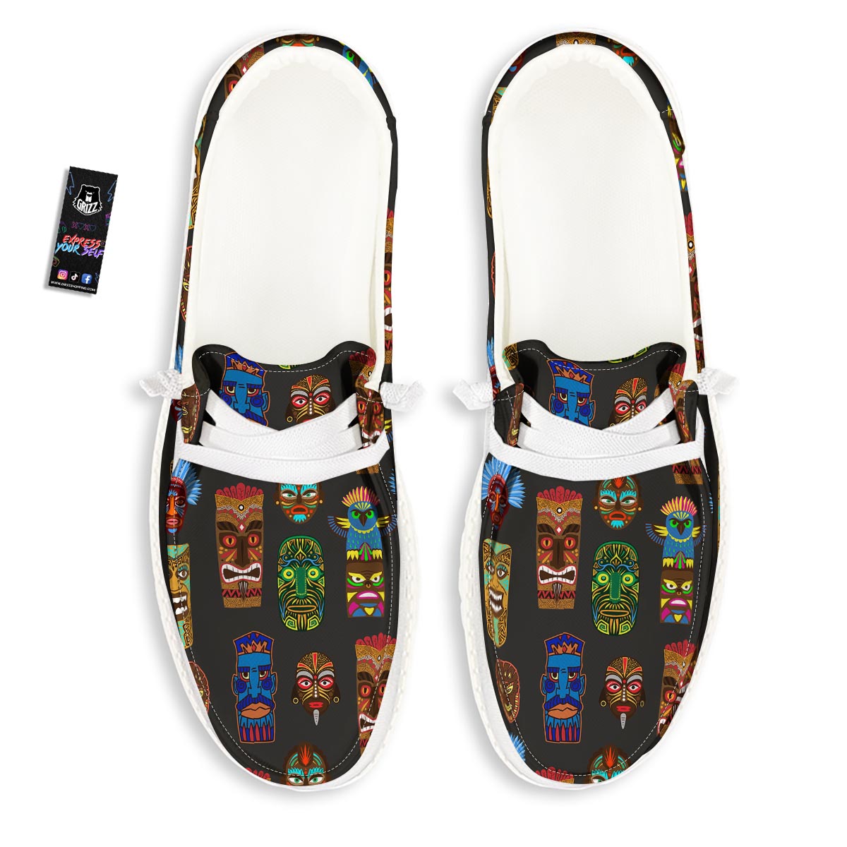 Totem Tiki Print Pattern White Loafers-grizzshop