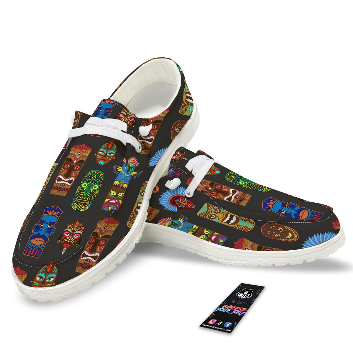 Totem Tiki Print Pattern White Loafers-grizzshop