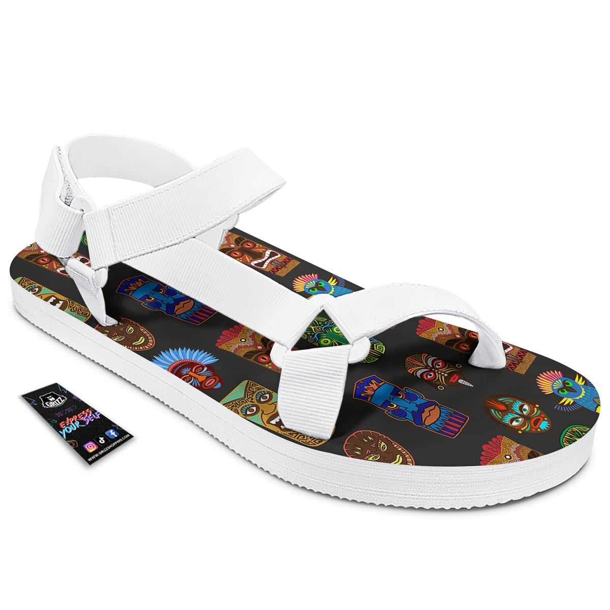 Totem Tiki Print Pattern White Open Toe Sandals-grizzshop