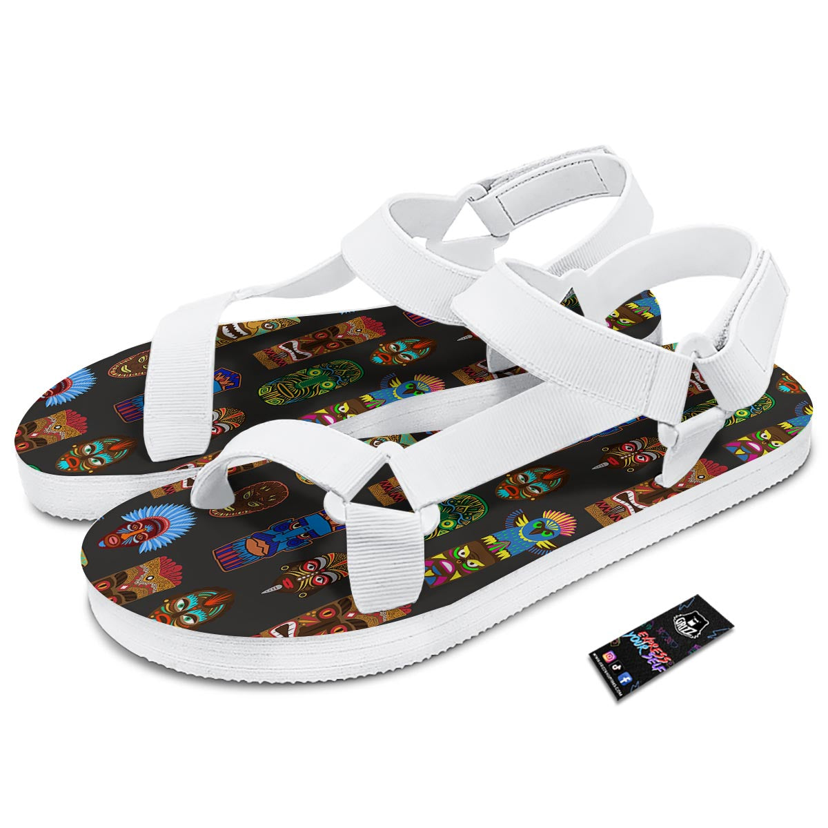 Totem Tiki Print Pattern White Open Toe Sandals-grizzshop