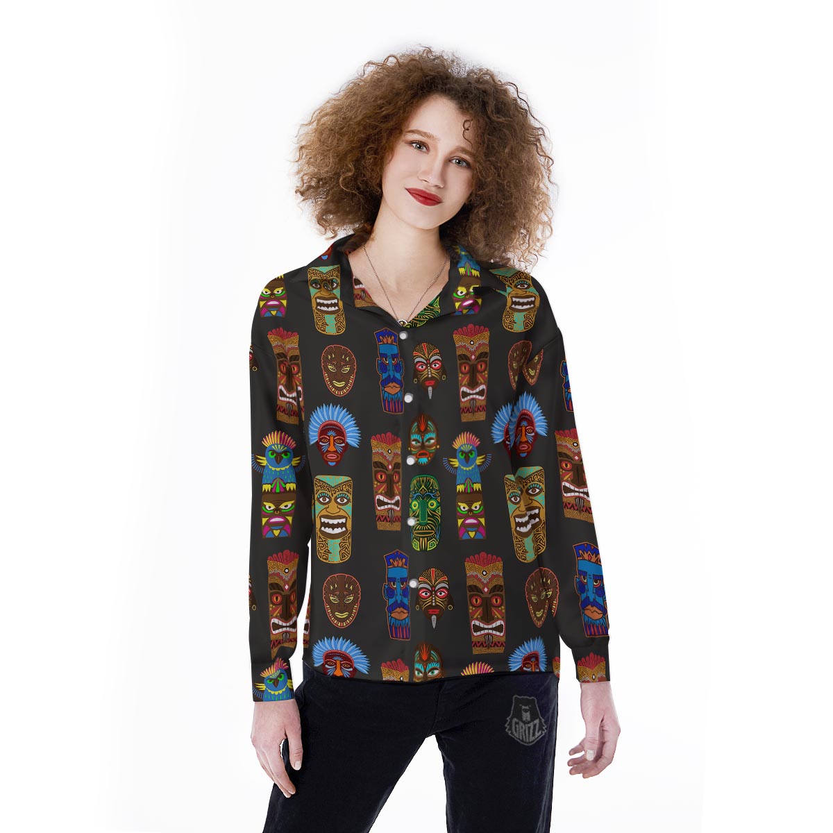 Totem Tiki Print Pattern Women's Long Sleeve Shirts-grizzshop