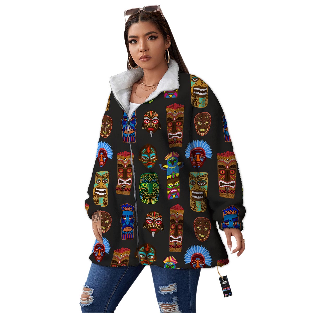 Totem Tiki Print Pattern Women's Sherpa Jacket-grizzshop