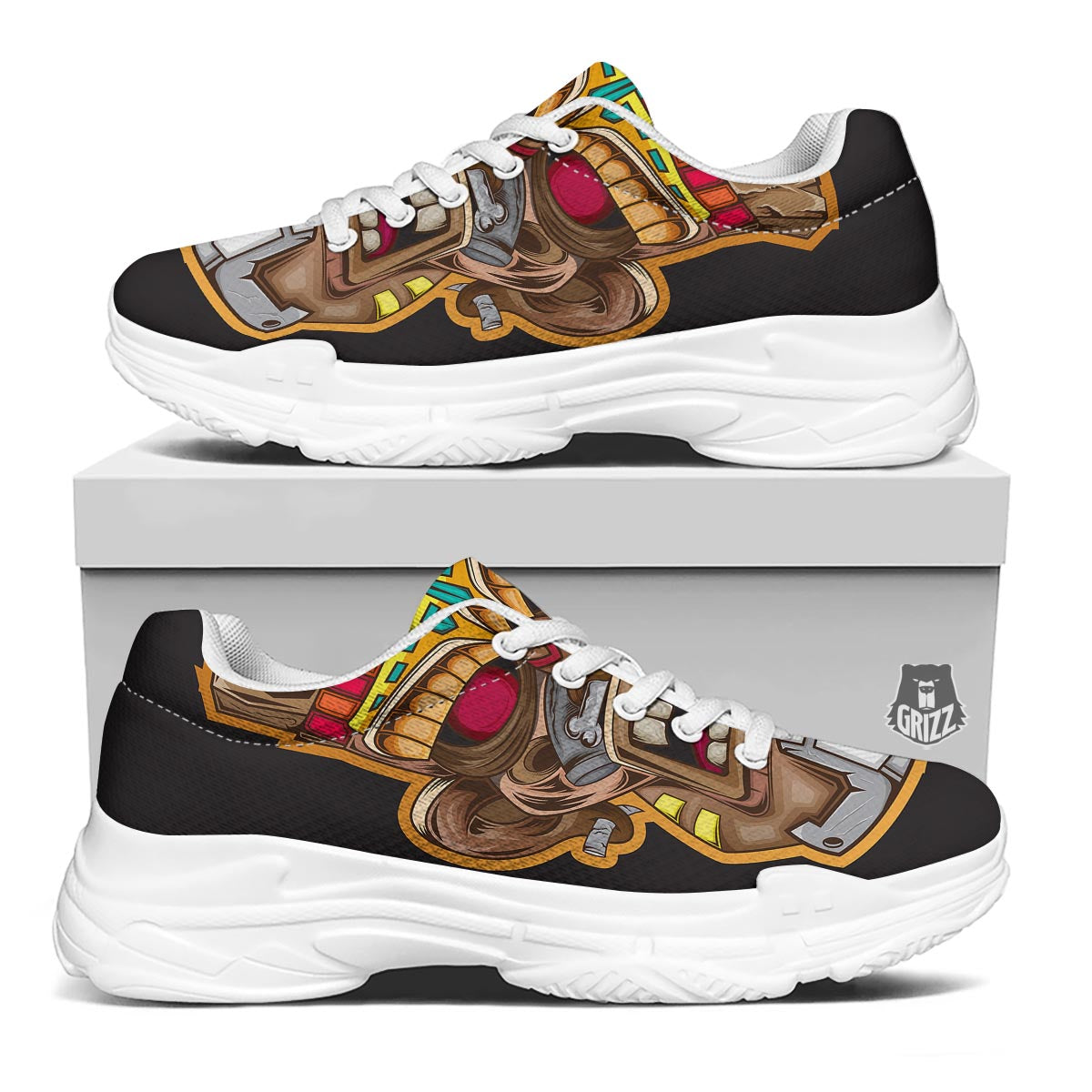 Totem Tiki Print White Chunky Shoes-grizzshop