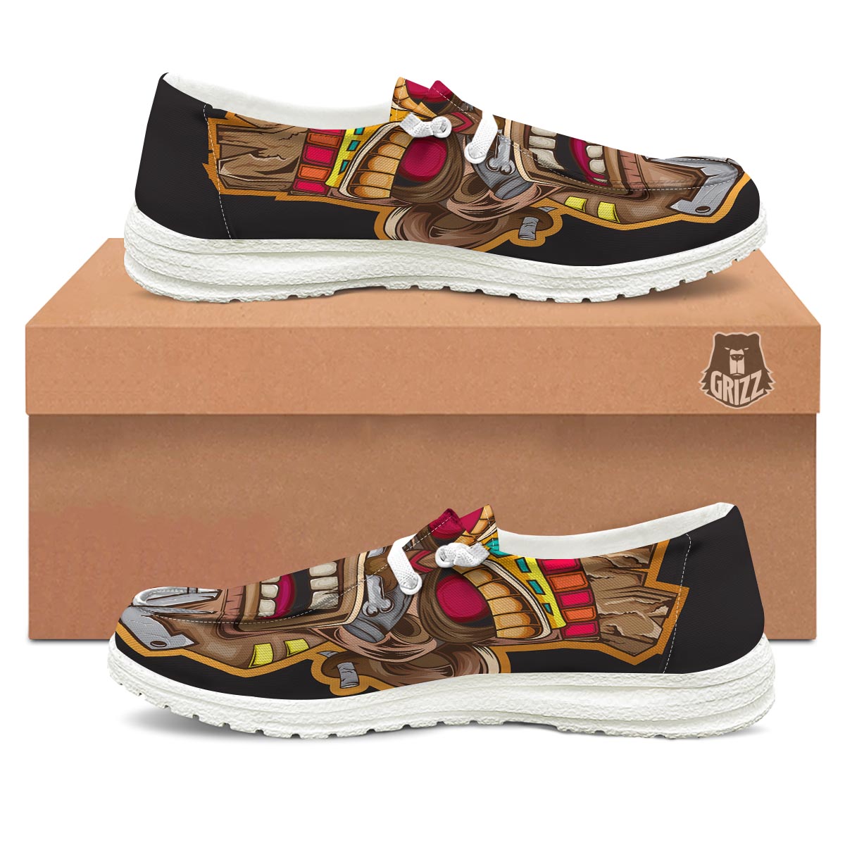 Totem Tiki Print White Loafers-grizzshop