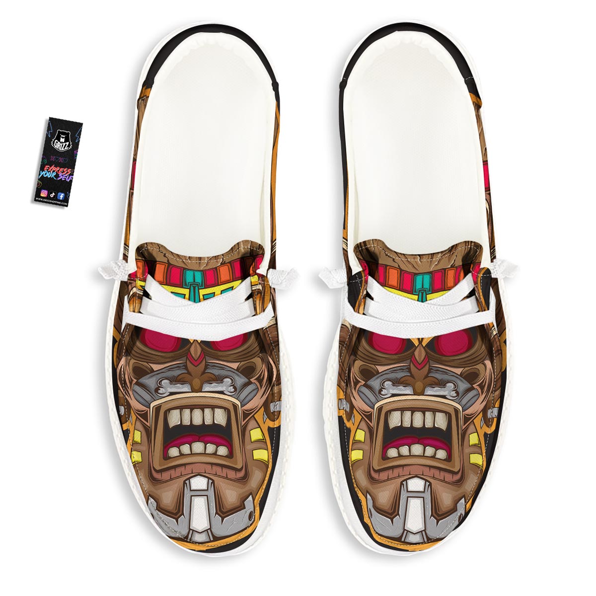 Totem Tiki Print White Loafers-grizzshop