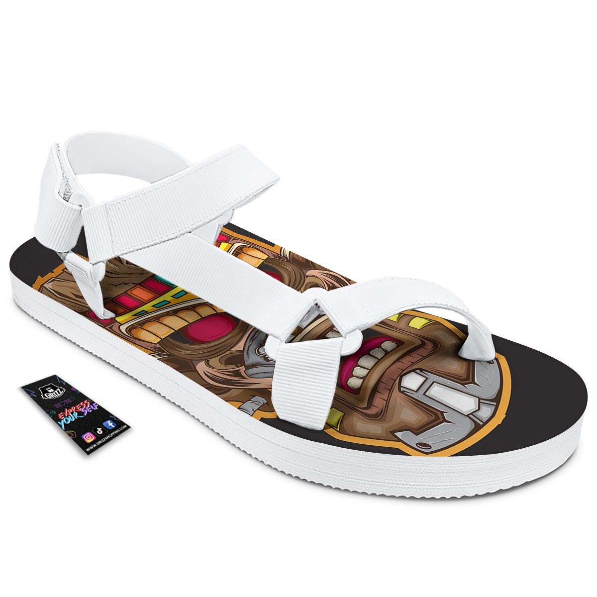 Totem Tiki Print White Open Toe Sandals-grizzshop