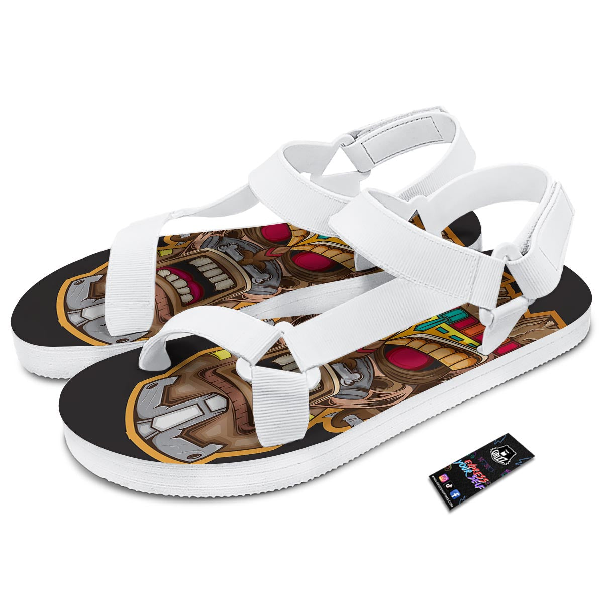 Totem Tiki Print White Open Toe Sandals-grizzshop