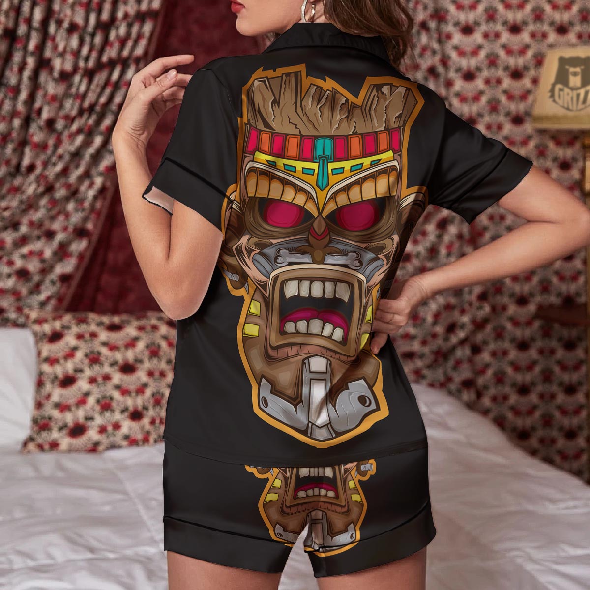 Totem Tiki Print Women Silk Pajamas-grizzshop