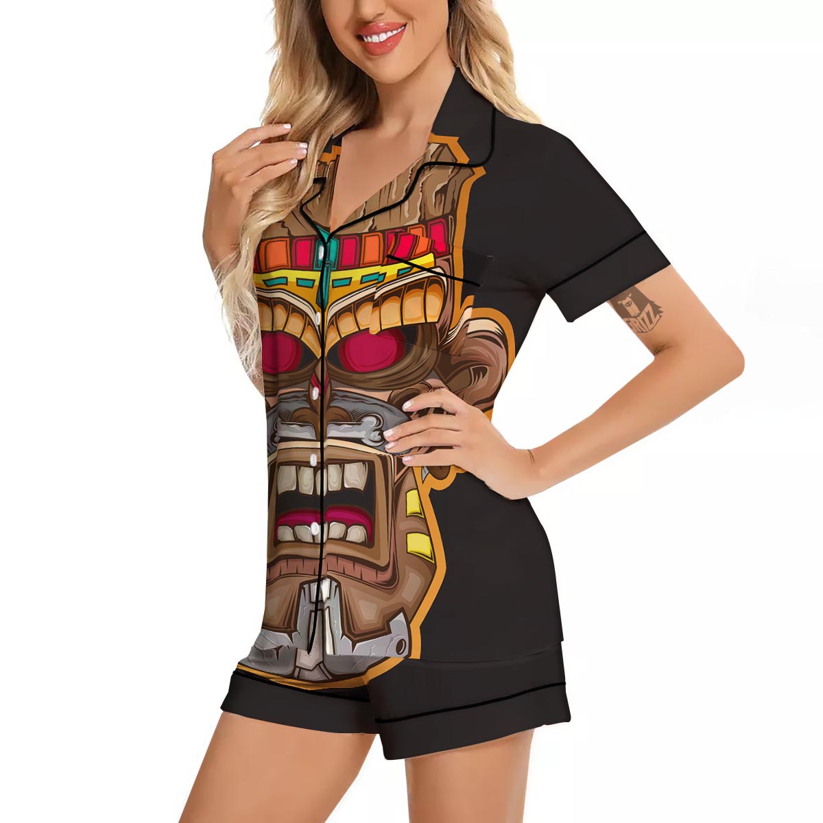 Totem Tiki Print Women Silk Pajamas-grizzshop