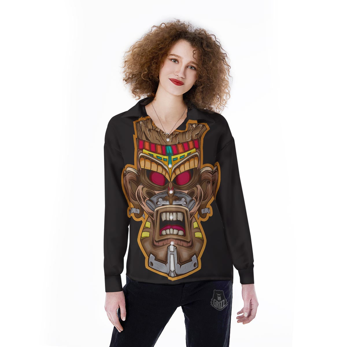Totem Tiki Print Women's Long Sleeve Shirts-grizzshop
