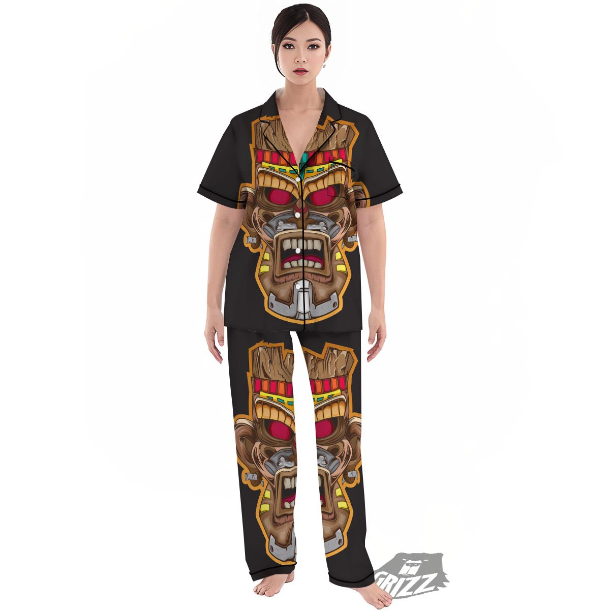 Totem Tiki Print Women's Pajamas Set-grizzshop