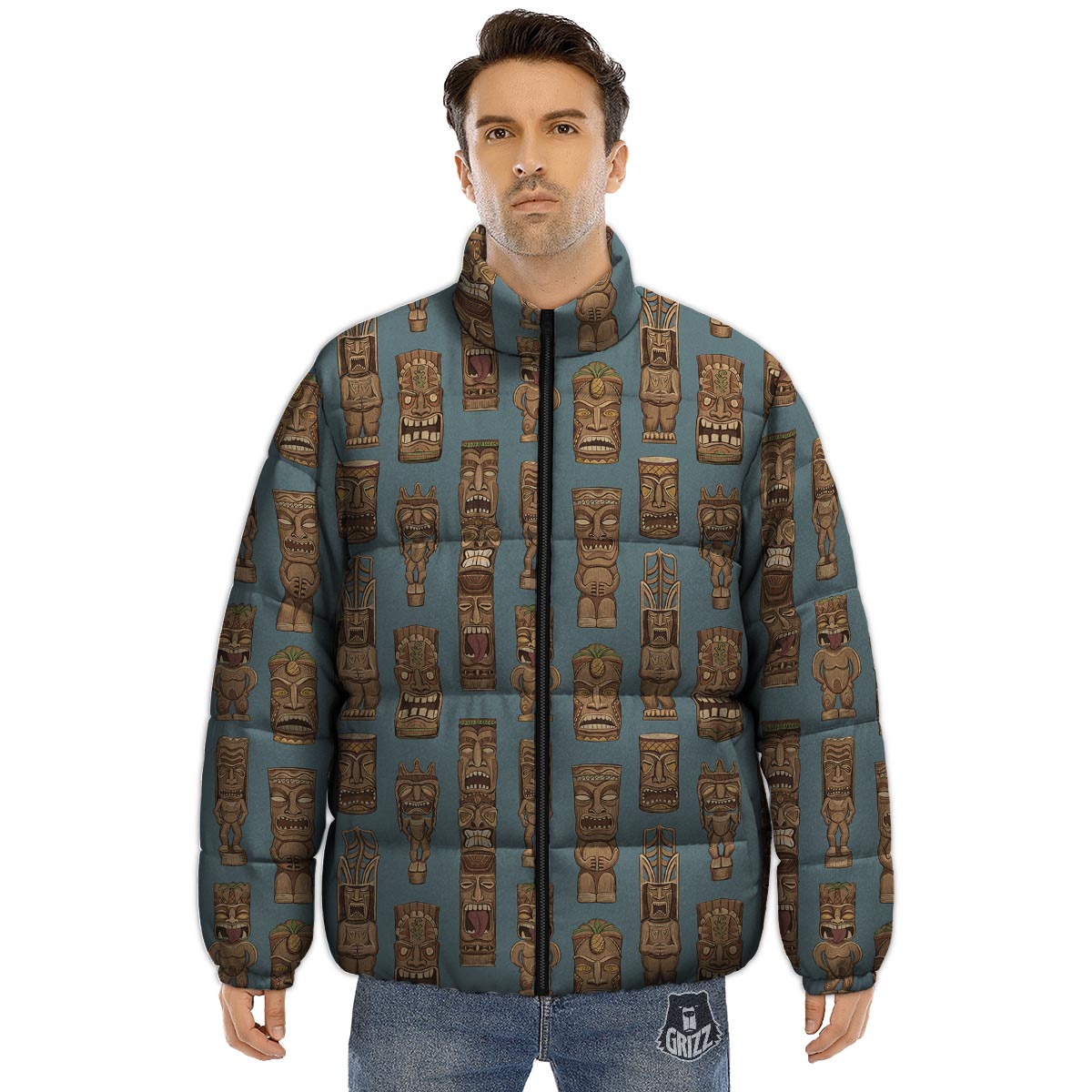 Totem Tribal Print Pattern Puffer Jacket-grizzshop
