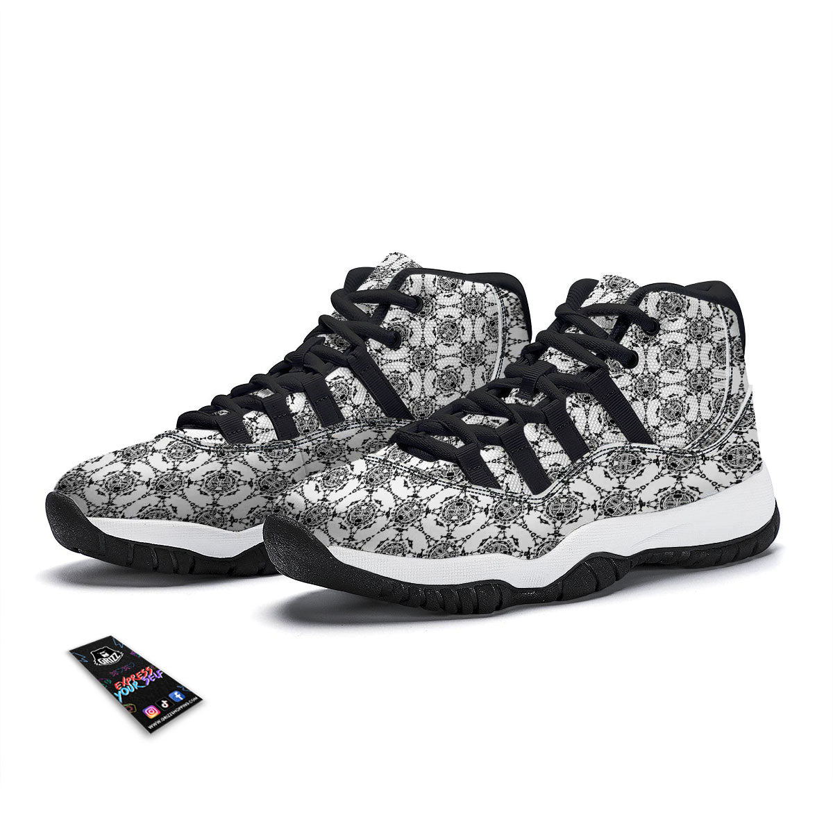 Totem White And Black Print Pattern Black Bball Shoes-grizzshop