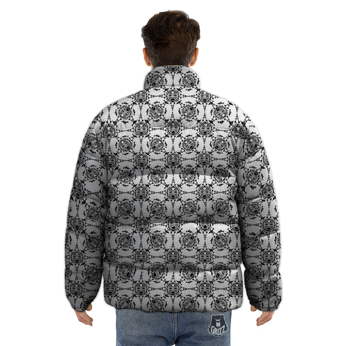 Totem White And Black Print Pattern Puffer Jacket-grizzshop