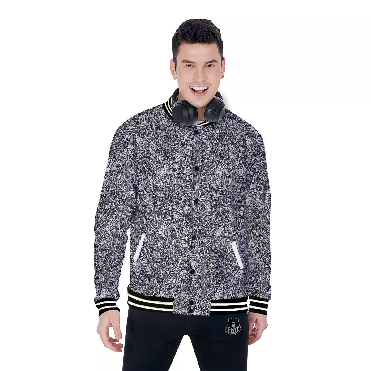 Totem White And Grey Print Pattern Baseball Jacket-grizzshop