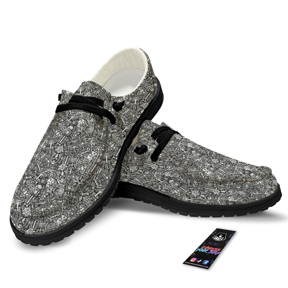 Totem White And Grey Print Pattern Black Loafers-grizzshop