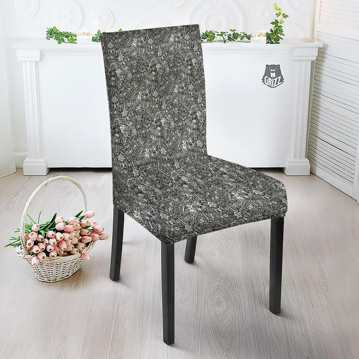 Totem White And Grey Print Pattern Dining Chair Slipcover-grizzshop