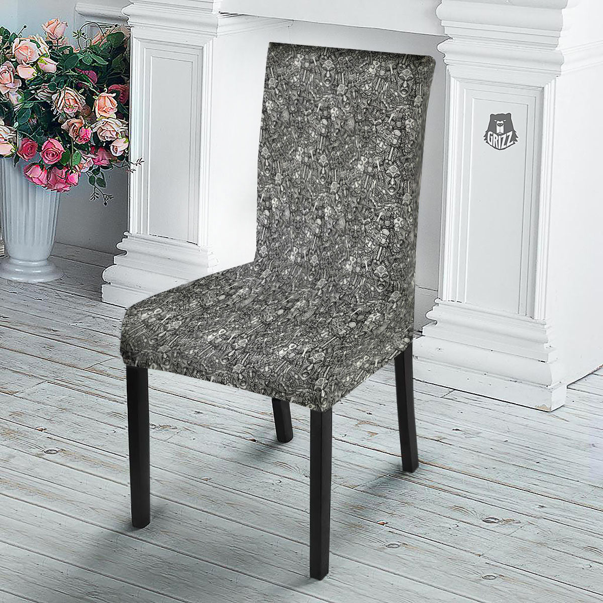 Totem White And Grey Print Pattern Dining Chair Slipcover-grizzshop