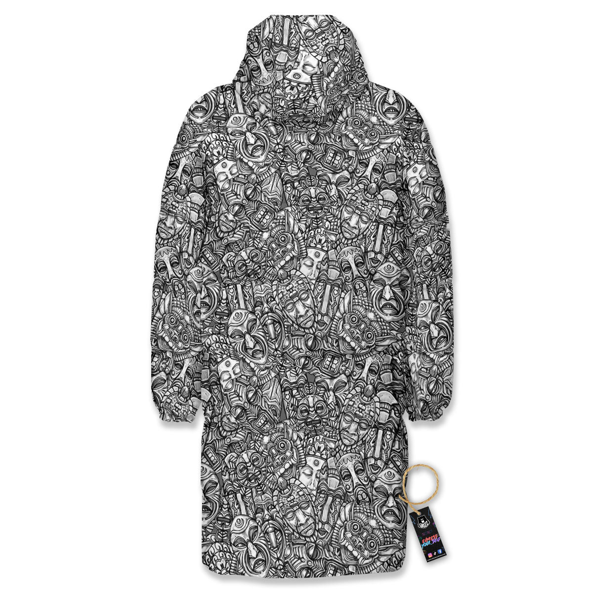 Totem White And Grey Print Pattern Long Down Jacket-grizzshop