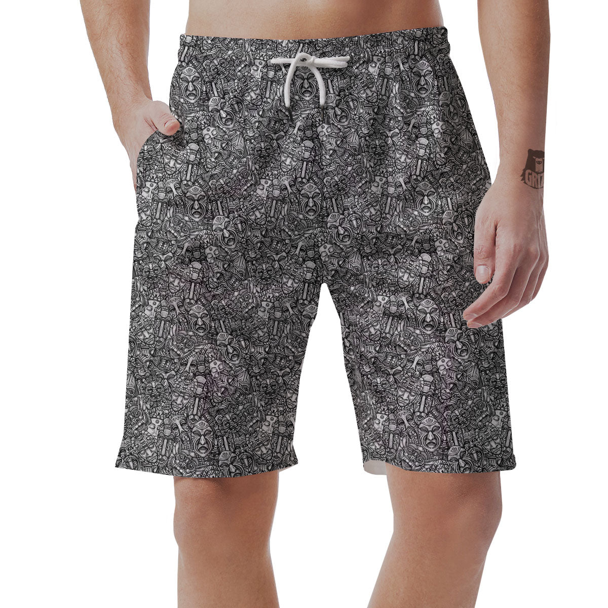 Totem White And Grey Print Pattern Men's Shorts-grizzshop