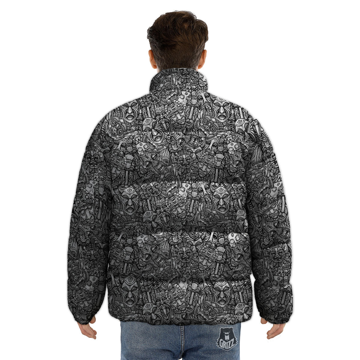 Totem White And Grey Print Pattern Puffer Jacket-grizzshop