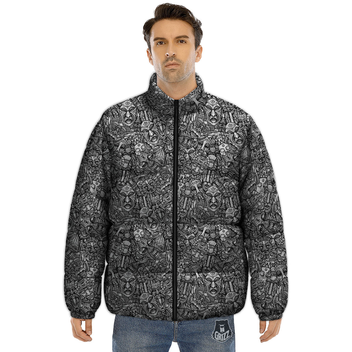 Totem White And Grey Print Pattern Puffer Jacket-grizzshop