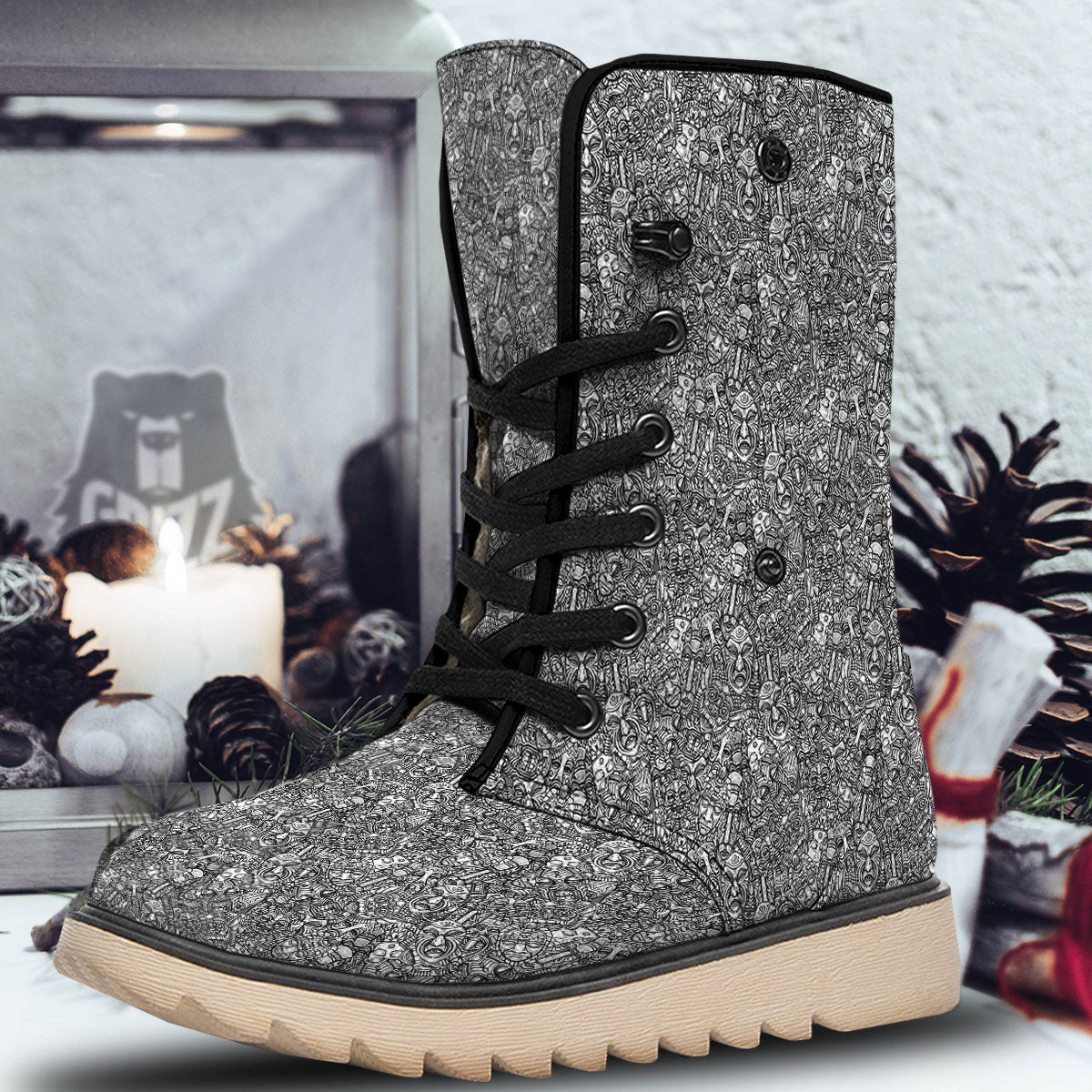 Totem White And Grey Print Pattern Snow Boots-grizzshop
