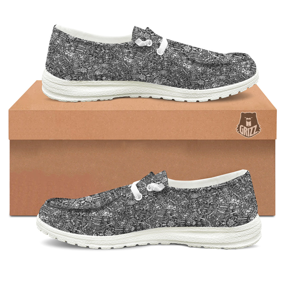 Totem White And Grey Print Pattern White Loafers-grizzshop