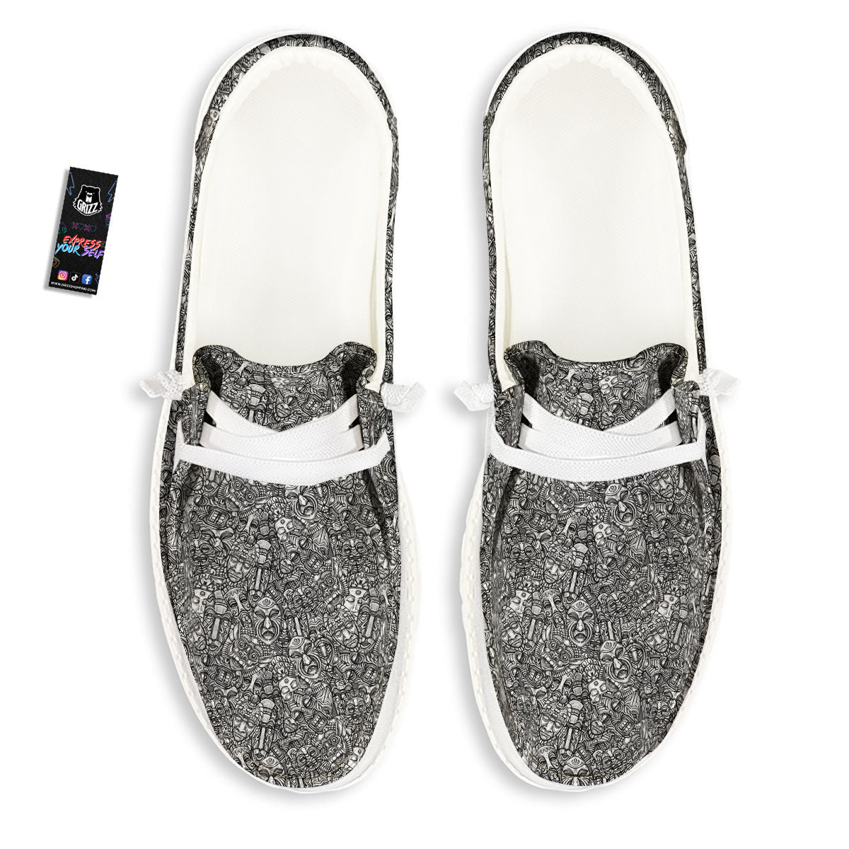 Totem White And Grey Print Pattern White Loafers-grizzshop