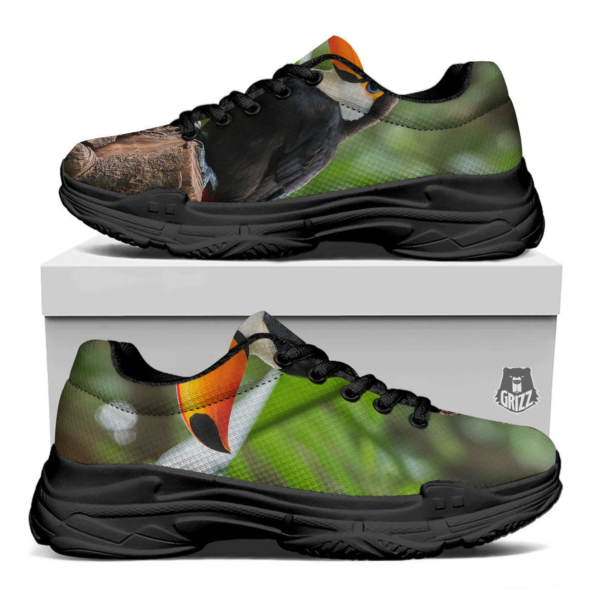 Toucan Aloha Keel-Billed Print Black Chunky Shoes-grizzshop