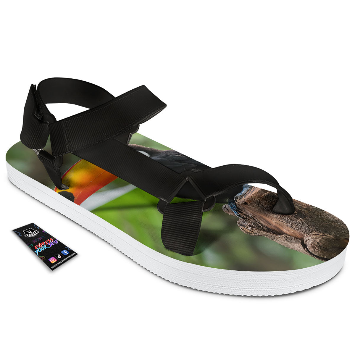 Toucan Aloha Keel-Billed Print Black Open Toe Sandals-grizzshop
