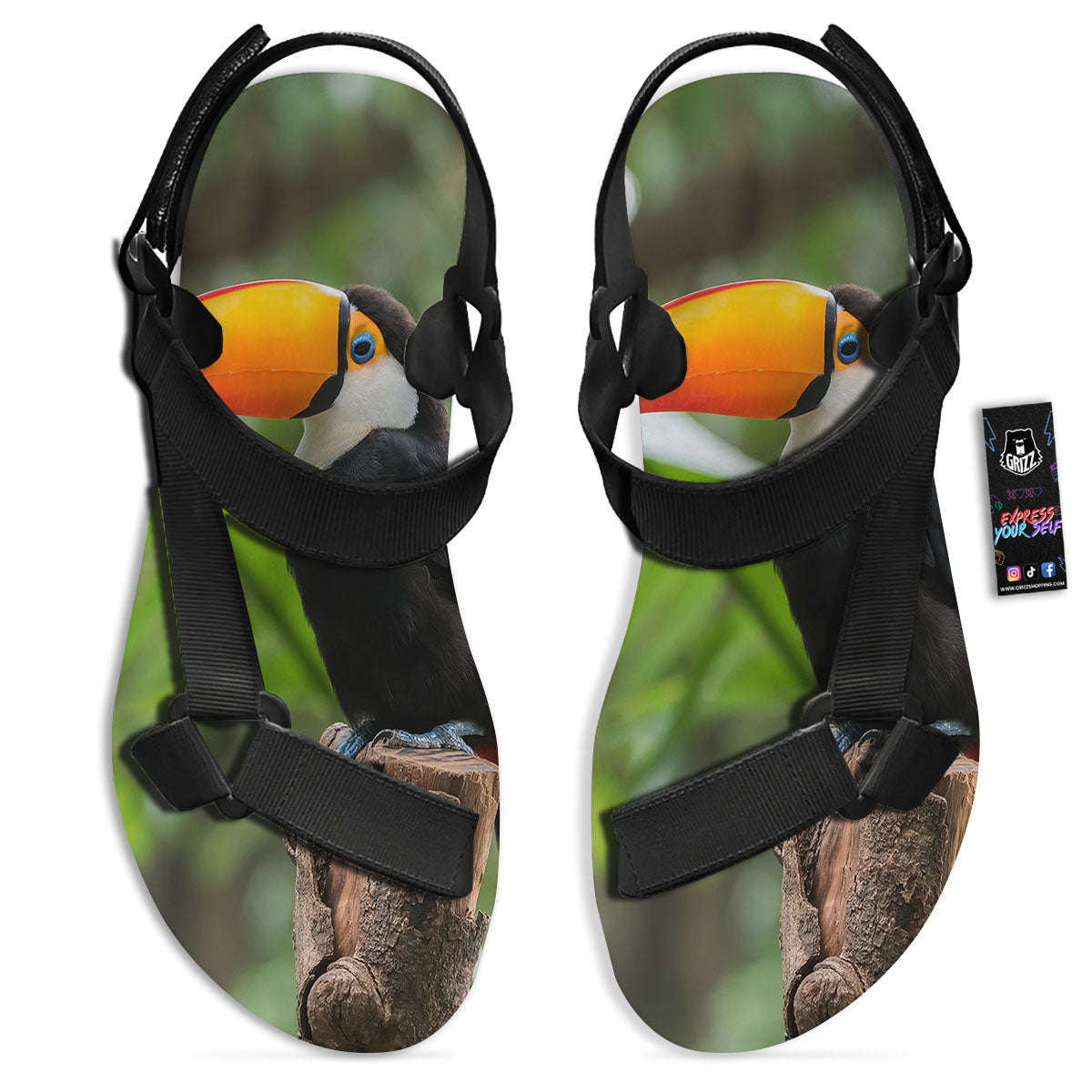 Toucan Aloha Keel-Billed Print Black Open Toe Sandals-grizzshop