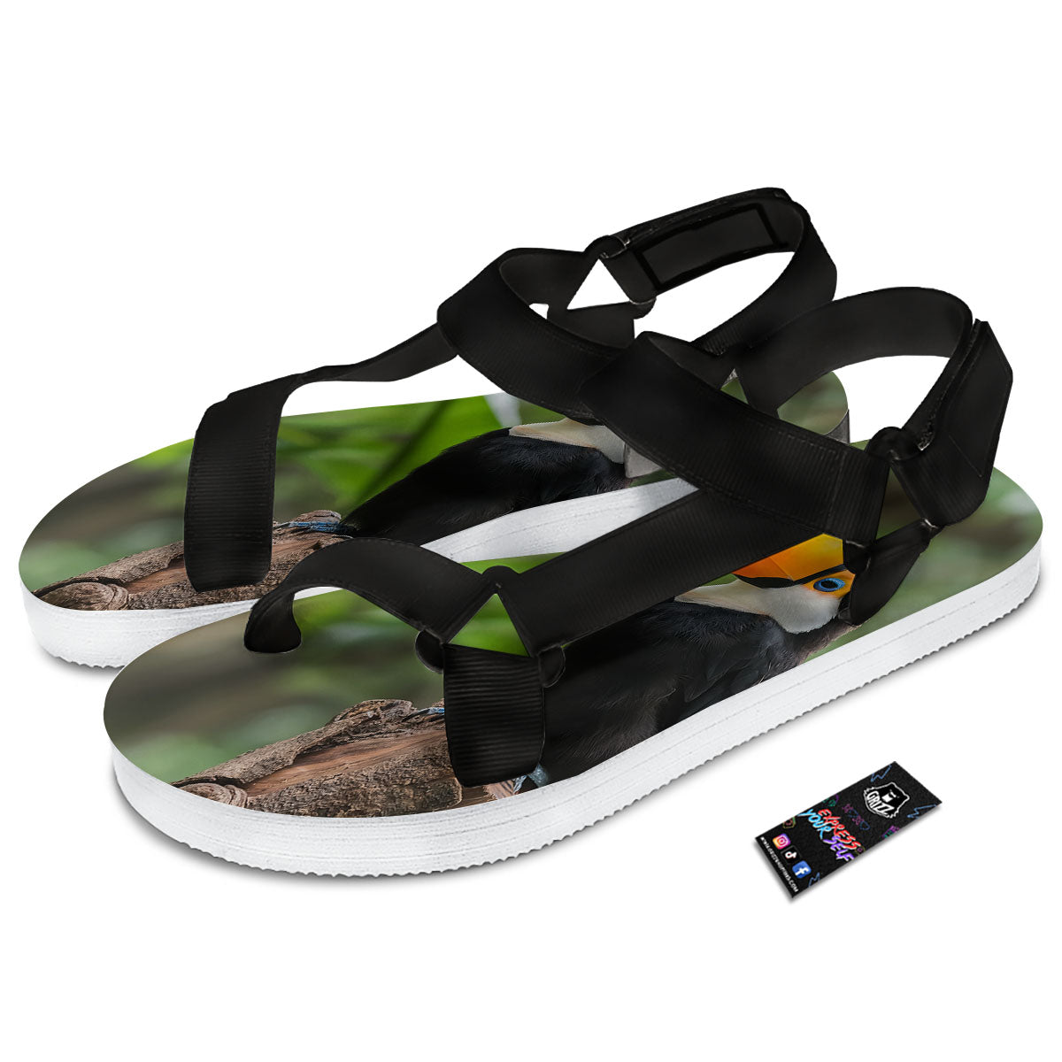 Toucan Aloha Keel-Billed Print Black Open Toe Sandals-grizzshop