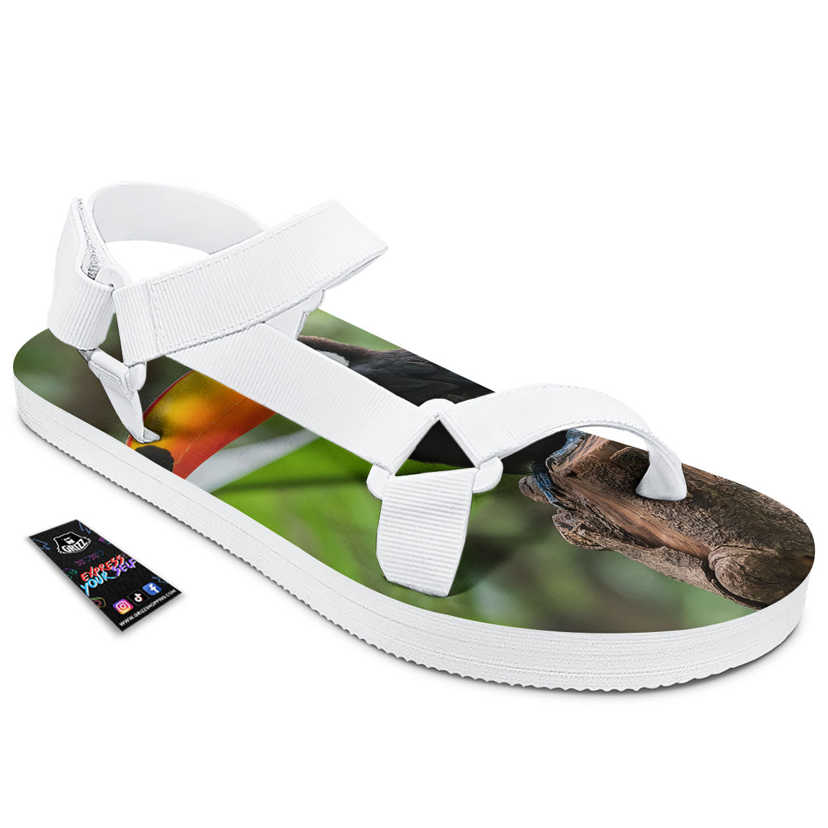 Toucan Aloha Keel-Billed Print White Open Toe Sandals-grizzshop
