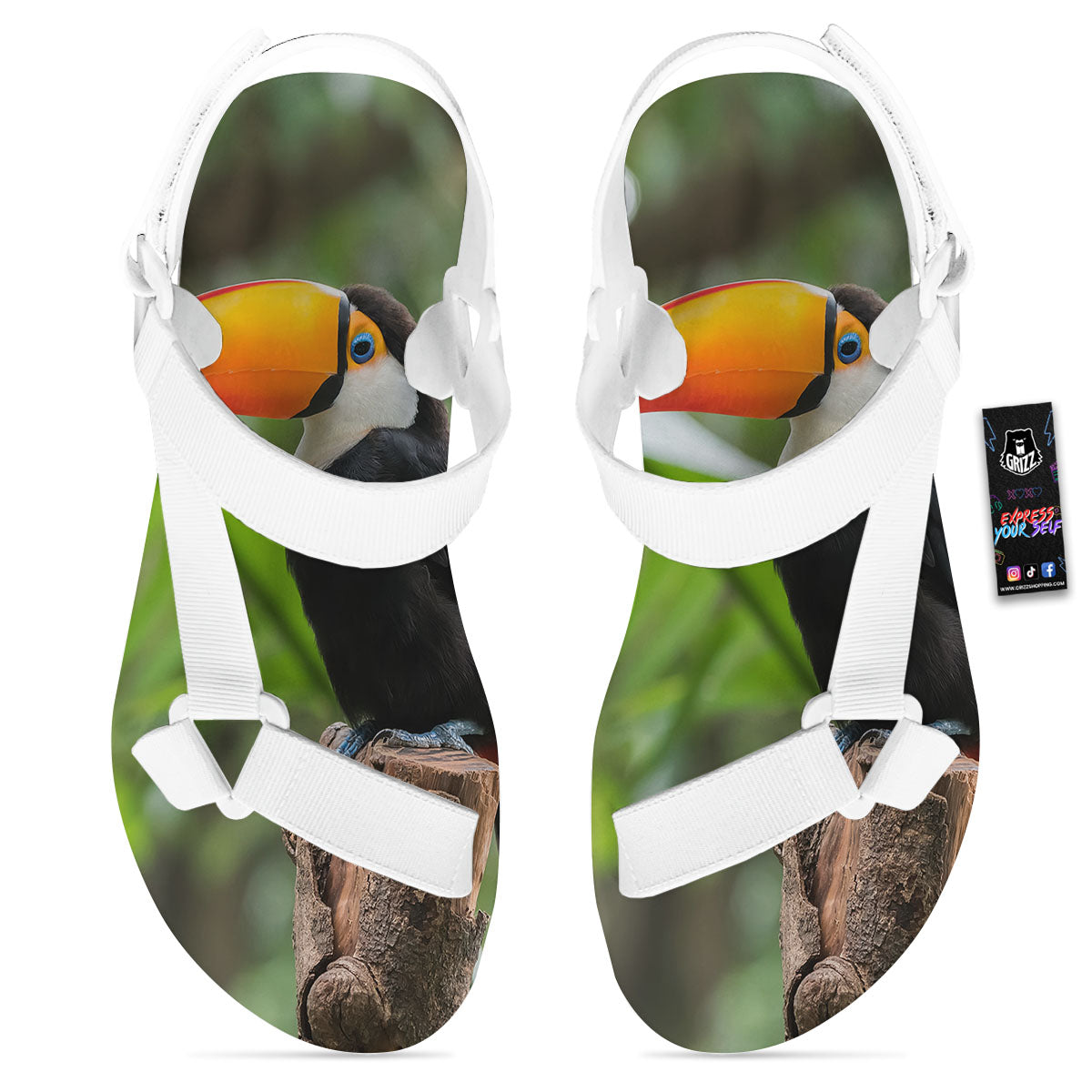 Toucan Aloha Keel-Billed Print White Open Toe Sandals-grizzshop