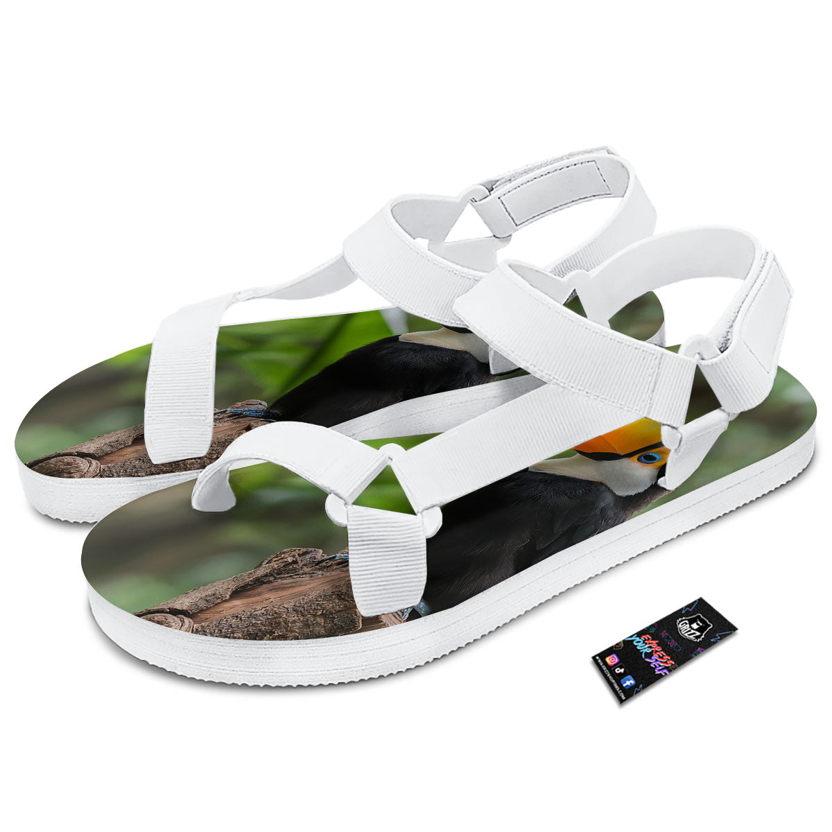 Toucan Aloha Keel-Billed Print White Open Toe Sandals-grizzshop