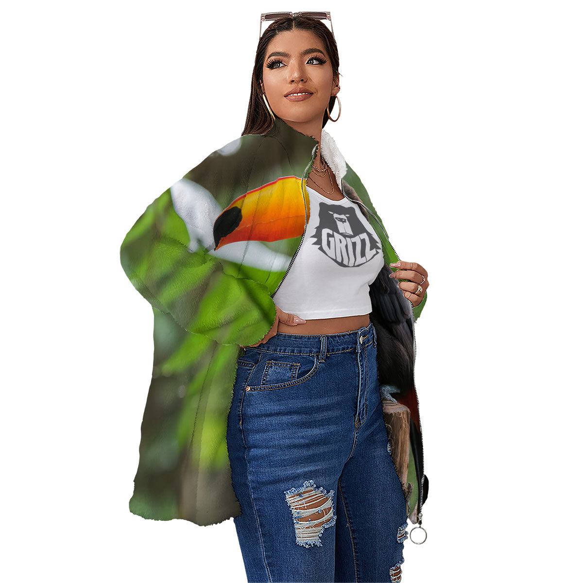 Toucan Aloha Keel-Billed Print Women's Sherpa Jacket-grizzshop