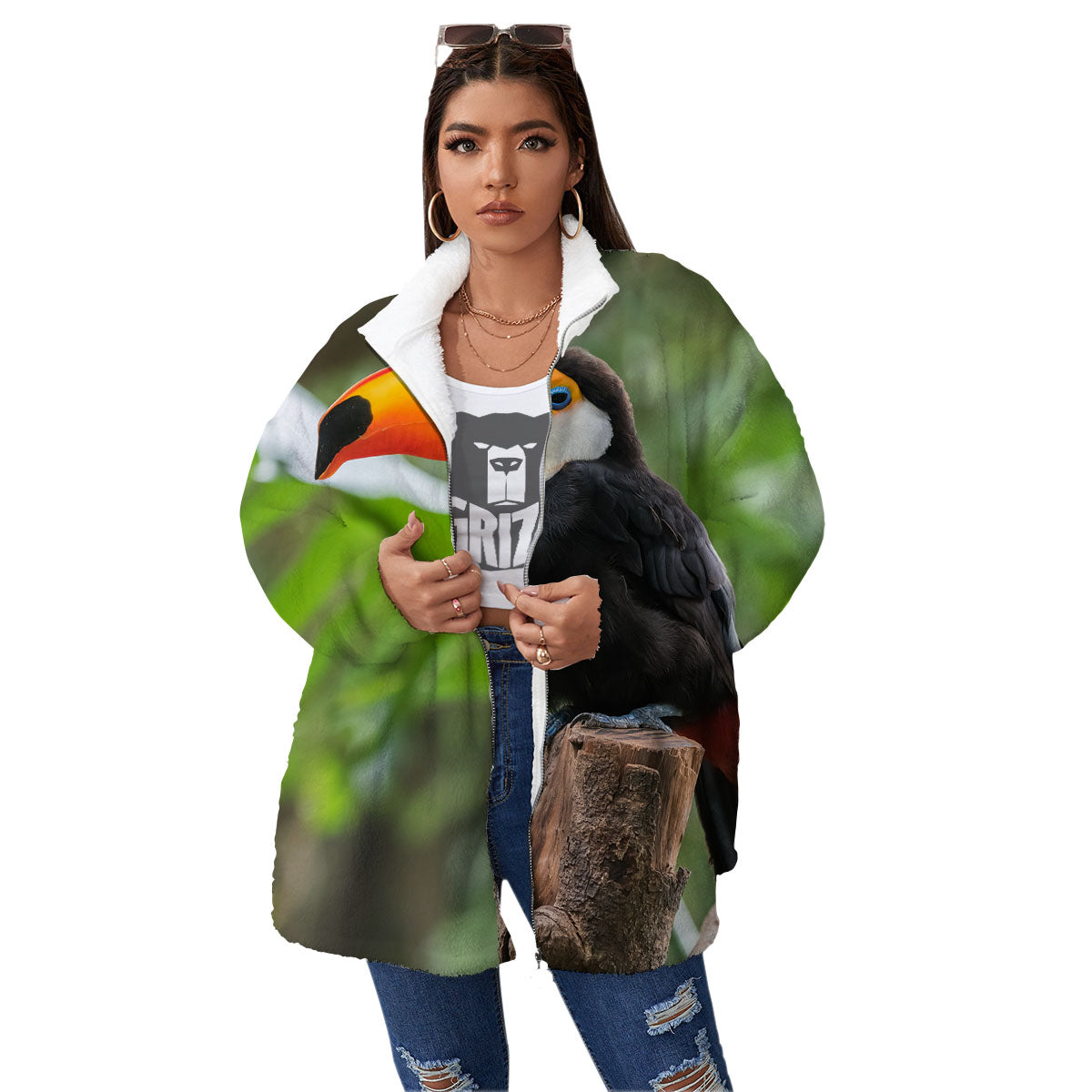 Toucan Aloha Keel-Billed Print Women's Sherpa Jacket-grizzshop