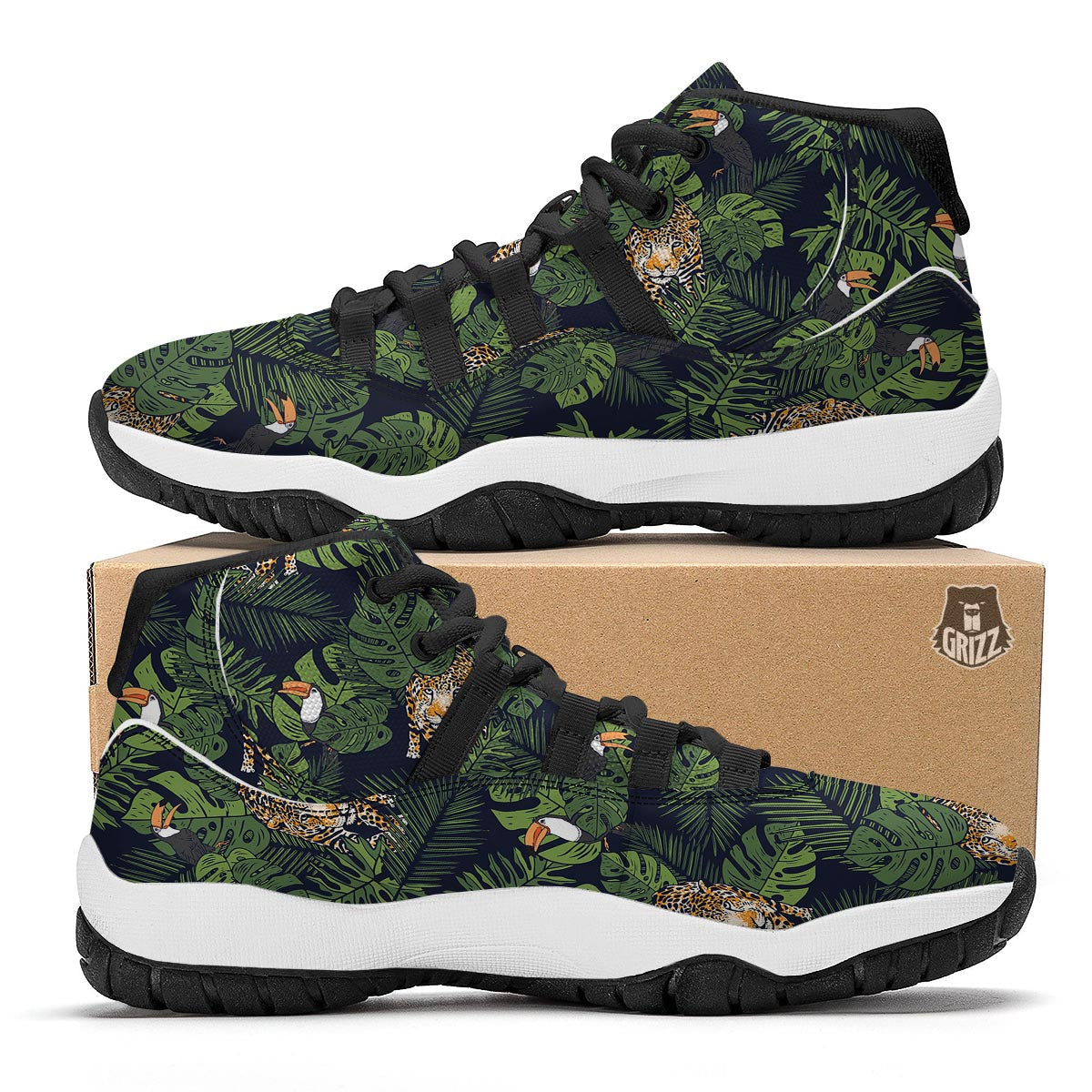 Toucan And Tiger Print Pattern Black Bball Shoes-grizzshop