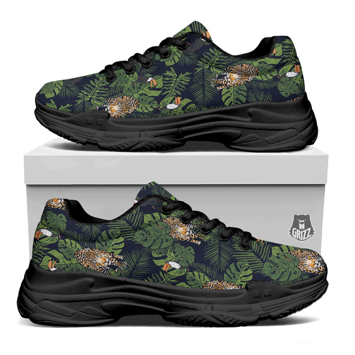 Toucan And Tiger Print Pattern Black Chunky Shoes-grizzshop